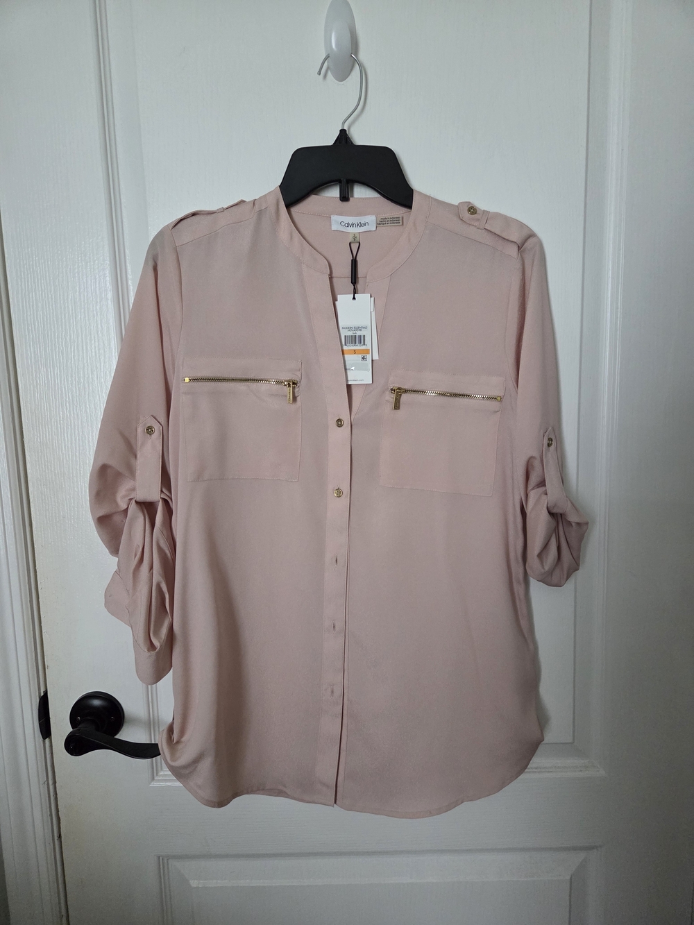 Calvin Klein Dusty Pink Button-Front Blouse with Gold Zipper Pockets